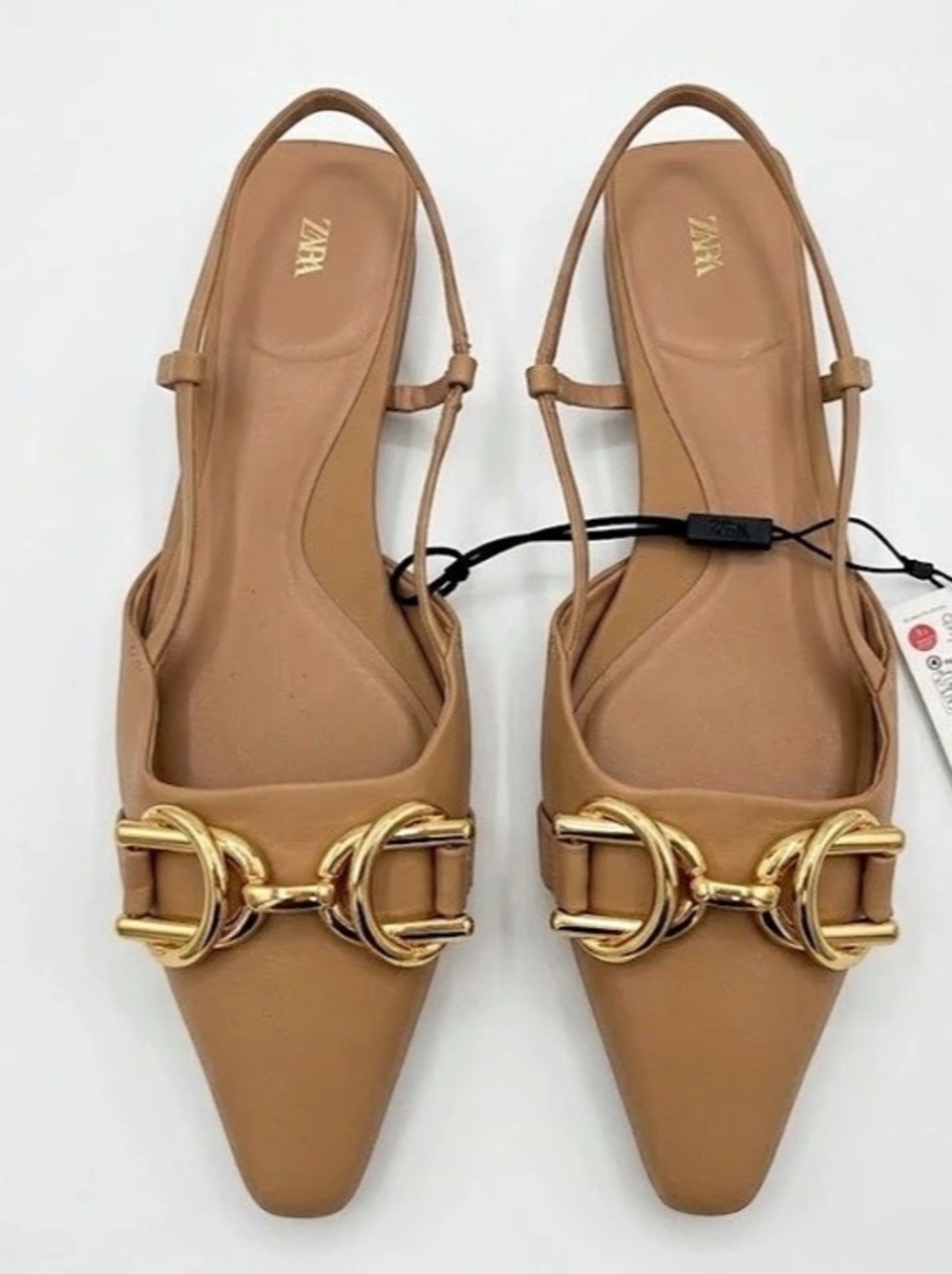 ZARA Tan Leather Embellished Flat Slingback Shoes Gold Horsebit
Buckle NWT (S39)
